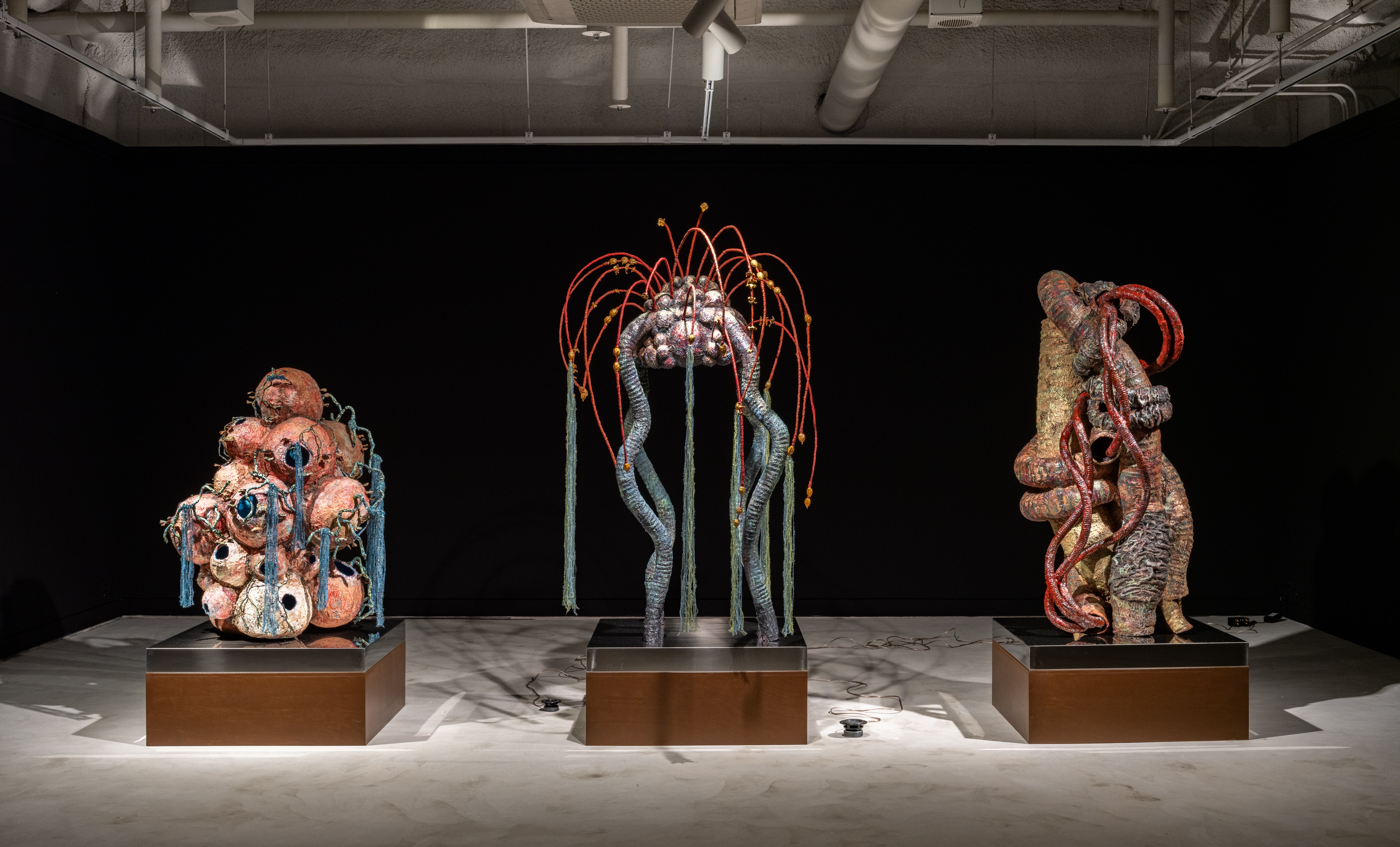 손희민, <뒤섞인 시나리오>, 2025, (왼쪽에서부터) <Undigested>, 2025, 석고붕대 캐스팅, 운지버섯, 철사, 합성수지 끈, 합성수지 실, 우레탄 및 아크릴 레진, 116×96×80cm / <Love-Born Death>, 2025, 석고붕대 캐스팅, PVC 호스, 합성수지 천, 우레탄폼, 우레탄 및 아크릴 레진, 116×96×80cm / <Mouth, Anus, Skeleton>, 2025, 석고붕대 캐스팅, PVC 호스, 합성수지 천, 우레탄폼, 우레탄 및 아크릴 레진, 116×96×80cm / 사진 : 스튜디오 수직수평